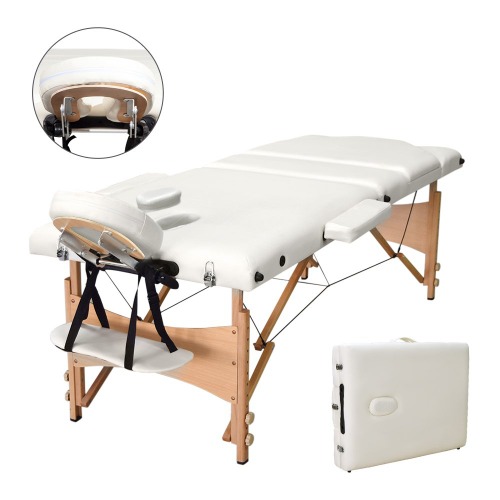 Vesgantti Portable Massage Bed Table - 3-Section Foldable Beauty Couch for Reiki Therapy Treatment Salon Healing - Metal Headrest Support/Carry Bag (Beige White)