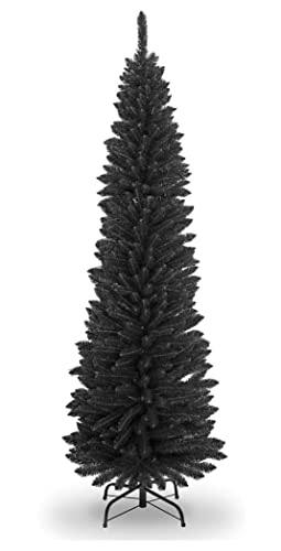 HMWD 6ft/7ft Black Artificial Flocked Slim Christmas Pencil Tree with Pointed Tips and Metal Stand-Festive Xmas Decor With Pine Pencil Tree Holiday Home Decorations -600/800 Thick Pointed Tips (6ft) - 6ft