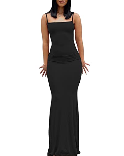 Women's Spaghetti Strap Sleeveless Long Dress Solid Color Bodycon Fish Tail Dress Party Evening Maxi Dress - Black - M