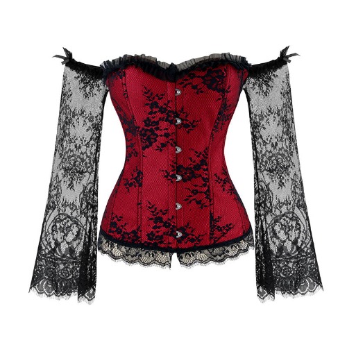 'Witchery' Red off the shoulder lace sleeved corset. S-6XL - Red / L