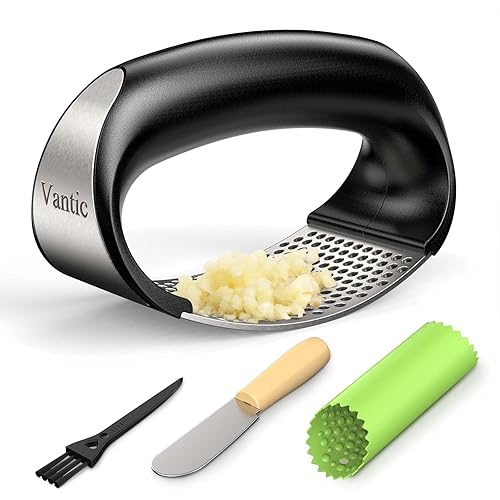 Vantic Garlic Press Rocker - Stainless Steel Garlic Mincer Garlic Crusher, New Innovative Garlic Chopper with Peeler and Scraper for Smash Garlic - Green