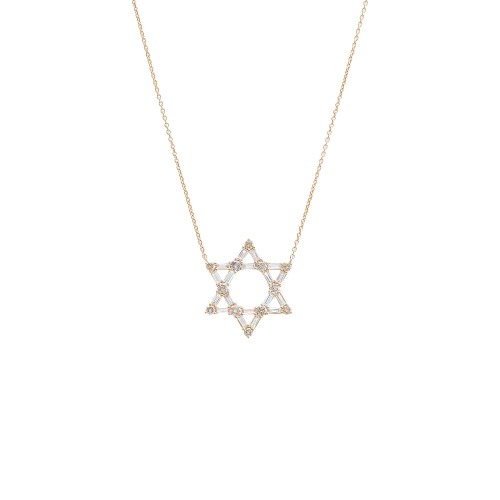 Diamond Baguette X Solitaire Large Star Of David Necklace 14K - 14K Gold
