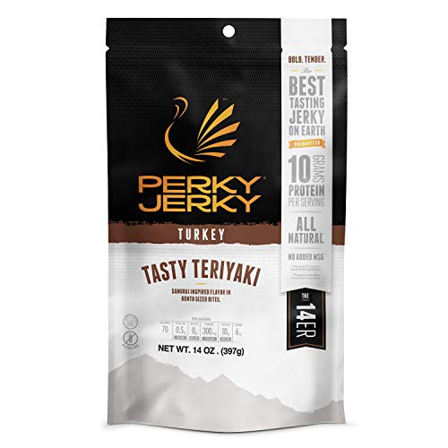 Perky Jerky Tasty Teriyaki Turkey Jerky, 14oz - Low Sodium - 10g Protein per Serving - Low Fat - 100% U.S. Sourced - Tender Texture and Bold Flavor - Tasty Teriyaki Turkey