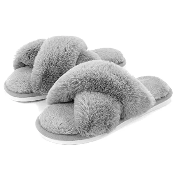 Metog Women's Fuzzy Slippers House Slippers Cross Band Slippers Indoor Outdoor Soft Open Toe Slippers