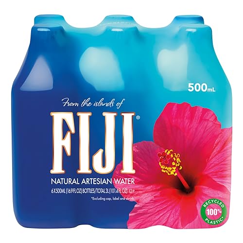 FIJI Natural Artesian Bottled Water 500 mL / 16.9 Fl Ounce (Pack of 6) - 100% Recycled Plastic