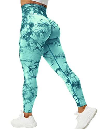 VOYJOY Tie Dye Seamless Leggings for Women High Waist Yoga Pants, Scrunch Butt Lifting Elastic Tights - #1 Teal - X-Large