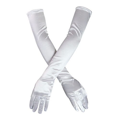 DreamHigh Women's Evening Party Mittens 21" Long Black/White Satin Finger Gloves - White