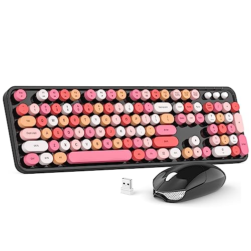 Wireless Keyboard and Mouse Combo, MOWUX Colorful Computer Full Size 2.4G Plug and Play Wireless Typewriter Keyboard and Mouse Set for Windows, Computer, Desktop, PC, Notebook (Black Colorful) - Black Colorful