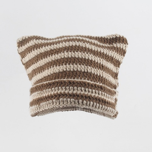Streetwear Harajuku Beanie Little Devil Striped Cozy Knitted Hat - beige brown handmade / Adult Head 56-59cm