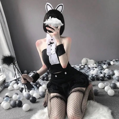 Seductive Tuxedo Cat Maid Lingerie Set with Bows and Frills