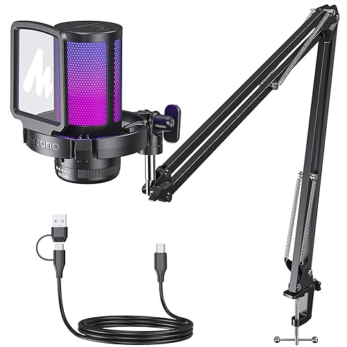 MAONO Gaming USB Microphone, Noise Cancellation Condenser mic with Mute, Gain, Monitoring, Boom Arm for Streaming, Podcast, Twitch, YouTube, Discord, PC, Computer, PS4, PS5, Mac, GamerWave DGM20S - Black