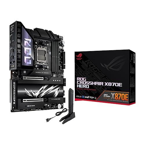 ASUS ROG Crosshair X870E Hero, AMD ATX motherboard, 18+2+2 power stages, DDR5 slots, PCIe 5.0 with full support for next-gen GPUs, five M.2 slots, Wi-Fi 7, USB4, AI Overclocking