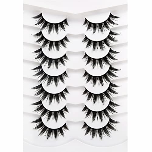 Pooplunch Manga Lashes False Eyelashes Doll Eye Natural Anime Lashes 8D Spiky Wispy Thick Faux Mink Eye Lash Strips 7 Pairs Pack - Doll-Eye|8-15MM