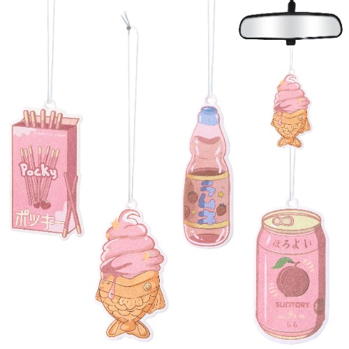 Car Air Freshener Kawaii Japanese Snacks Pink Incense Chips Scented Ornament, Car Rearview Mirror Pendant, 4 Styles and Scents Of Bubble Tea Strawberry Milk Peaches Hanging Ornament Vent Decoration Cute Aromatic For Party Supplies - Snacks Kawaii Car Air