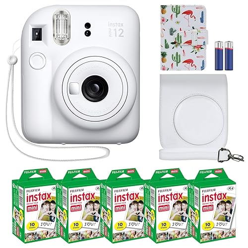 Fujifilm Instax Mini 12 Instant Camera + MiniMate Accessory Bundle & Compatible Custom Case + Fuji Instax Film Value Pack (50 Sheets) Flamingo Designer Photo Album (Ice White) - Clay White
