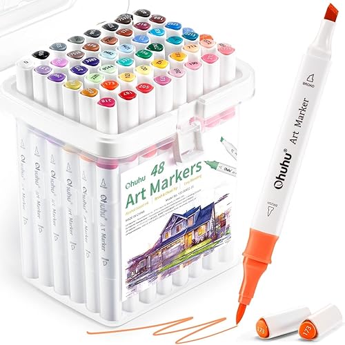 Ohuhu Brush Markers Alcohol Based: Double Tipped Art Sketch Drawing Marker Set for Kids Artists Adults Coloring Landscape Architectural Design - Brush Chisel Dual Tip - 48-color w/Marker Storage Case - 1 Count (Pack of 48) - Landscape Tones
