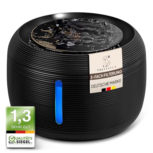 PRETTYPAW Pretty Paw© Katzenbrunnen [NEUEINFÜHRUNG] Super leiser, BPA-freier 2.5L Trinkbrunnen für Katze mit LED und Aktivkohlefilter I Leicht zu reinigender Katzen Trinkbrunnen I KatzenOase Pro - Schwarz
