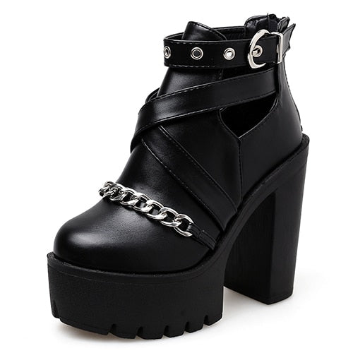 Gothic Ankle Chain Platform Boots. - black shoes / 8
