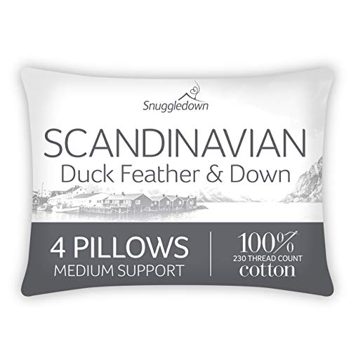 Snuggledown Duck Feather & Down Pillows 4 Pack - Medium Support Back Sleeper Pillows for Back Pain Relief - 100% Soft Cotton Cover, Hypoallergenic, UK Standard Size (48cm x 74cm) - 4 Pack