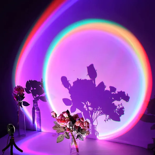 X-Kim 16 Colors Sunset Projector Lamp 360 Degree Rotation Color Changing Rainbow Projection Light Romantic Visual LED Light with Tripod Sunset Floor Lamp Light for Photography Home Party Bedroom