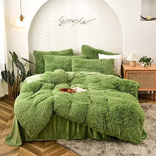Gusuhome Shaggy Fluffy Duvet Cover Set Queen Size Super Soft Faux Fur Bedding Set 3 Pcs (1Duvet Cover + 2Pillowcases) Luxurious Plush Comforter Cover Set with Zipper Closure Avocado Green - Queen - Avocado Green