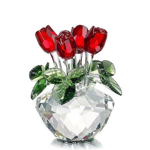 H&D HYALINE & DORA 4.5inch Spring Bouquet Crystal Glass Flowers Red Rose Figurine Ornament Gift-boxed - Red