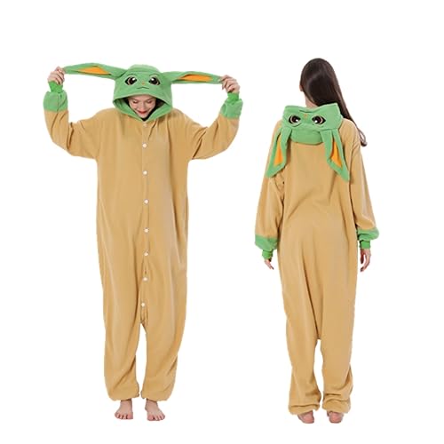 Dzmzao Women's Warm Fleece Onesies Pajamas, Baby Yoda Cosplay Hooded Jumpsuit Sleepwear for Adult Unisex - XL - Yellow