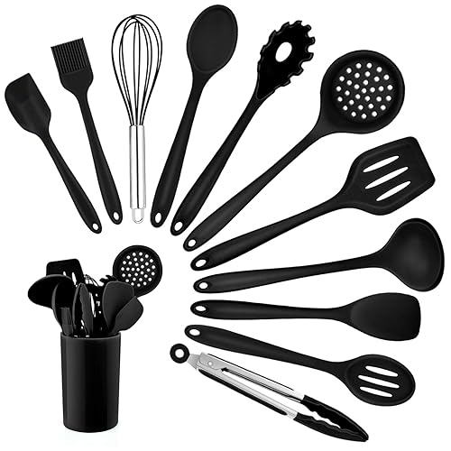 Kitchen Utensil Set, Homikit 12 Piece Cooking Utensils, Silicone Kitchen Utensils Set with Holder, Heat Resistant Kitchen Tools Include Spoons Turner Spatula Ladle Tong for Non-Stick Cookware, Black - Black