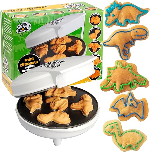 Dinosaur Mini Waffle Maker- 5 Different 3D Shaped Dinos in Minutes- Holiday Breakfast for Kids, Adults w Cool Novelty Pancakes, Electric NonStick Waffler Iron, Xmas Gift for Him or New Treat for Santa