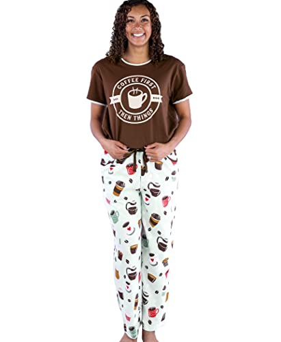 Lazy One Women's Pajama Set, Short Sleeves with Cute Prints, Relaxed Fit - Coffee First Pajama Set - Small