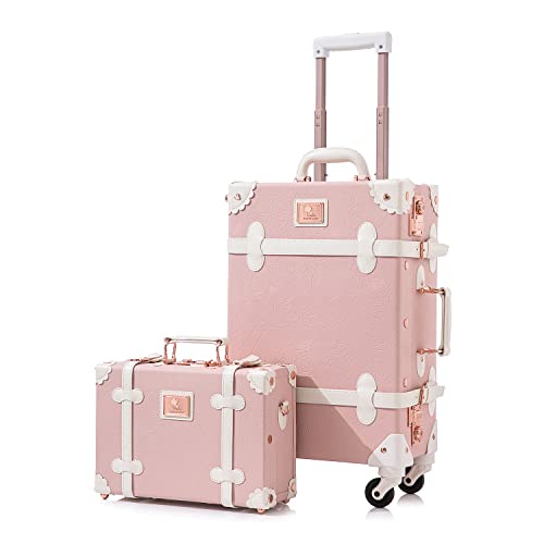 Unitravel Vintage Pink Suitcase Set 20inch Carry on Luggage TSA-Approved with 12inch Handbag for Women (Embossed Pink) - Embossed Pink - 20"+12"