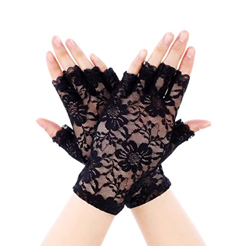 Lace Gloves for Women, Half Finger Lace Gloves for Women, Half Fingers Halloween Gloves, Gothic Accessories, Summer Breathable Sun Gloves, Pair of Short Half Finger Floral Lace Steampunk Gloves black