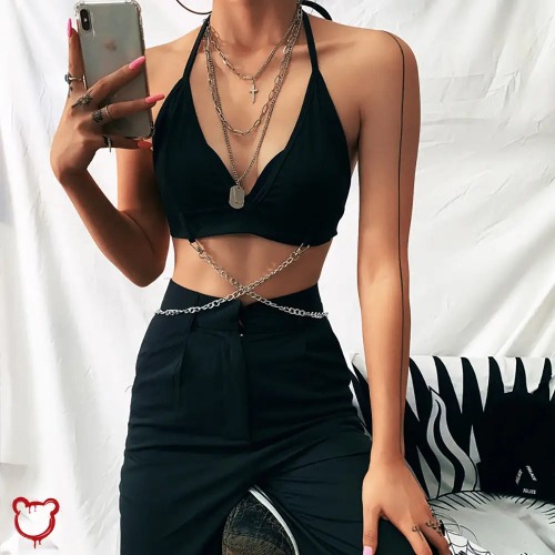 Black Alt Grunge Chain Crop Top - Black / M