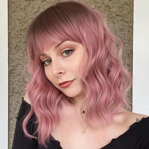 EMMOR Short Curly Wigs with Fringe, Wavy Bob Wigs for Women Heat Resistant Synthetic Wigs Shoulder Length Wigs Natural Looking(Ombre Pink) - Ombre Pink
