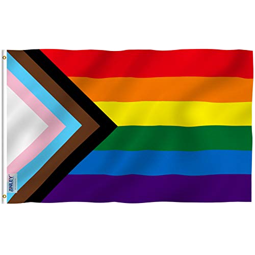 Anley Fly Breeze 3x5 Feet Progress Pride Flag Rainbow Flag - Vivid Color and Fade proof - Canvas Header and Double Stitched - Rainbow Transgender Lesbian LGBT Flag Polyester with Brass Grommets - Polyester