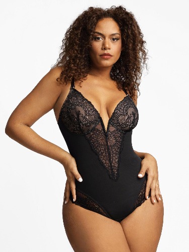 Lace Deep-V Neck Bodysuits Or Leather Skirt | Lace Deep-V(Run Small) / Black / XL