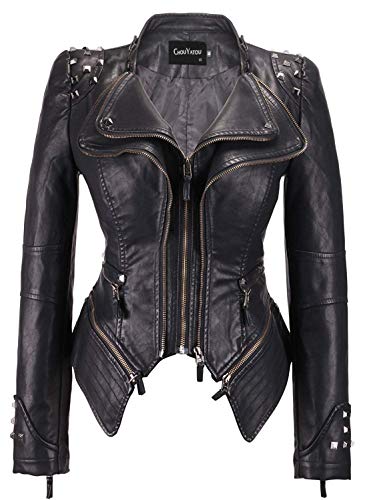 chouyatou Women's Fashion Studded Perfectly Shaping Faux Leather Biker Jacket - Large - Black