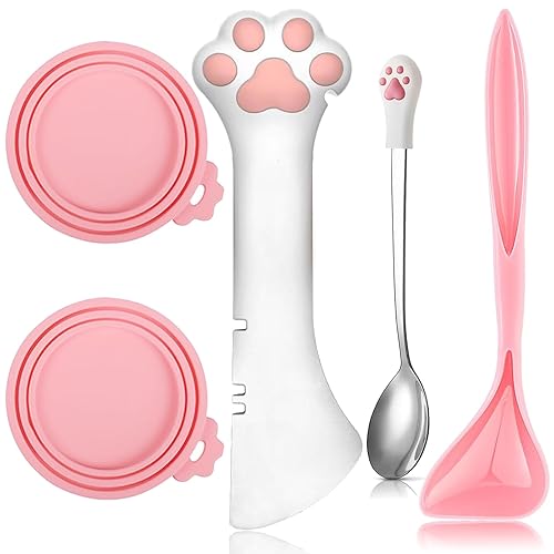 Yaure Joy 5 Pcs Pet Food Can Supplies Set Dog Cat Food Lid Cat Can Opener Cat Spoons for Wet Food (Pink) - Pink