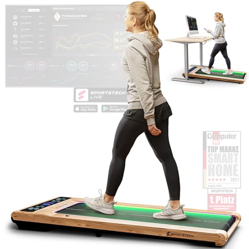 sWalk Walking Pad Laufband mit LED - Deutsche Qualitätsmarke - 1-6 km/h Geschwindigkeit mit interaktivem LCD-Display & App kompatibel - Flexibles Under Desk Schreibtisch Treadmill für Zuhause & Büro - sWalk - Holzoptik hellbraun
