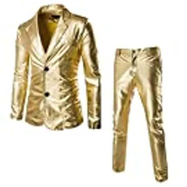 Men's 2 Pieces Shiny Suit Night Club Metallic Moto Style Blazer Suits 2 Button Tuxedo Party Disco Jacket and Pants Sets (Golden,X-Large)