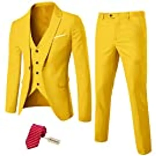 MYS Men's 3 Piece Slim Fit Suit Set, One Button Solid Jacket Vest Pants with Tie