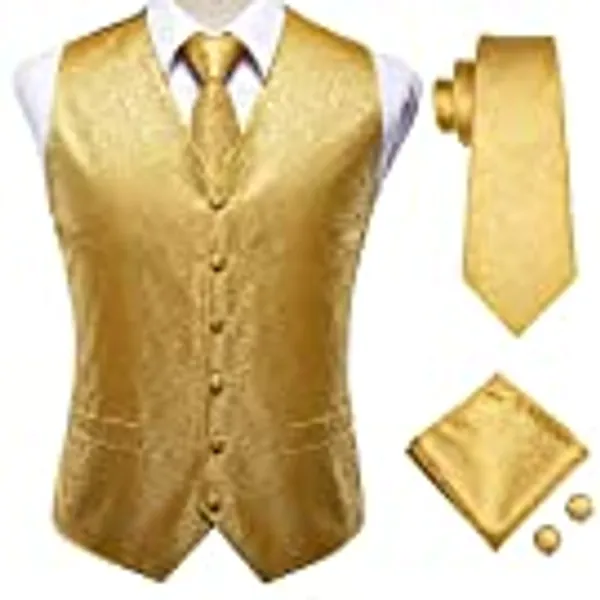 Hi-Tie Men's 4pc Waistcoat Vest Necktie Pocket Square Cufflinks Set For Suit or Tuxedo More Color for Choose