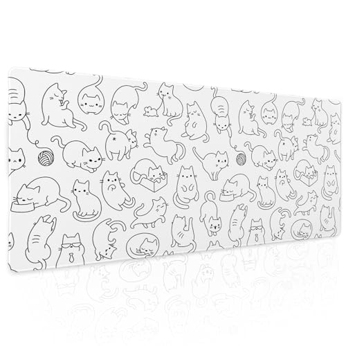 White Cute Cat Gaming Mouse Pad XL Kawaii Kittens Anime Aesthetic Extended Big Large Desk Mat Non-Slip Rubber Base Stitched Edge Long Keyboard Mousepad for PC Computer Laptop,31.5×11.8 in - White Cat - X-Large