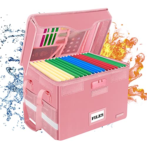DocSafe File Box Fireproof Document Box with Lock,File Storage Organizer Box with Insert Pockets,Collapsible Portable File Box Home Office File Cabinet with Handle for Hanging Letter/Legal Folder,Pink - Pink - 1 pack-Box with Lock
