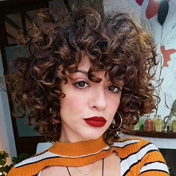 andromeda Short Curly Wigs for Black Women Soft Black Brown Big Curly Wig with Bangs Afro Loose Cute Curls Heat Resistant Natural Looking Synthetic Wigs for African American Women（T33#）