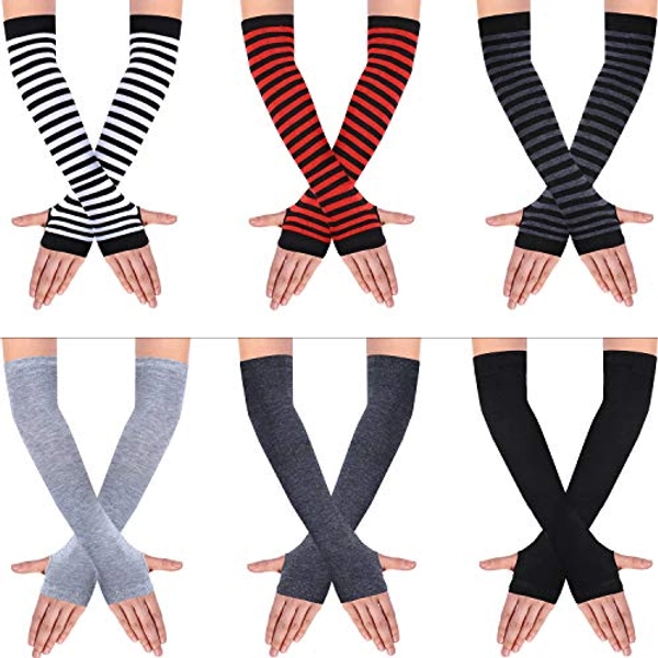 SATINIOR 6 Pairs Knit Arm Warmer Thumb Hole Stretchy Gloves Women Long Fingerless Gloves