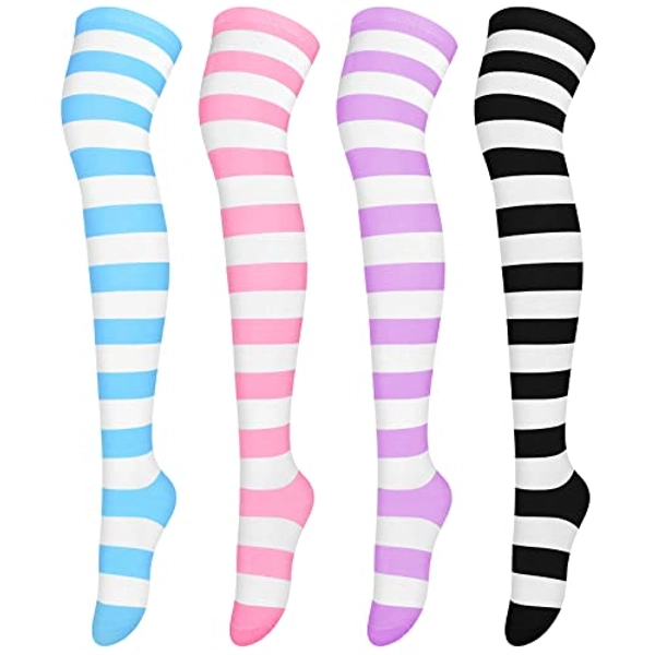 Aneco 4 Pairs Over Knee High Stripe Socks Stripe Thigh High Socks Cosplay Accessories for Woman Girls