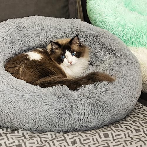 Raimaiso Anti Anxiety Round Fluffy Plush Faux Fur Warm Washable Dog Bed & Cat Bed, Original Bed for Small Medium Large Pets,Used to Relieve Joints and Improve Sleep（20"/24"/27''） (20", Light Grey) - 20" - Grey