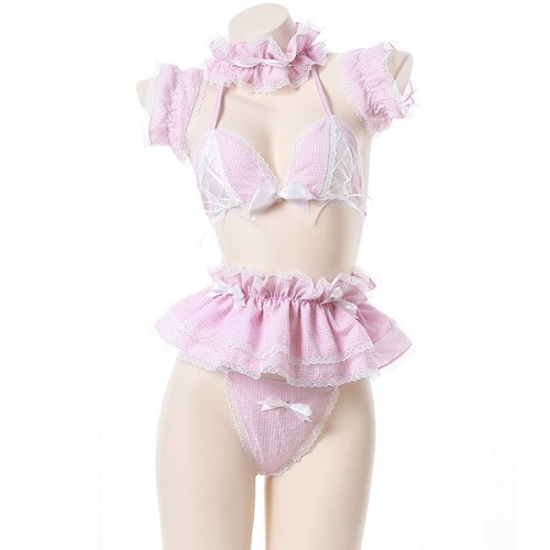 Jilneed Lolita Cute Maid Lingerie Set for Women for Sex Anime Cosplay Costume Lace Bikini Outfit - Pink Medium