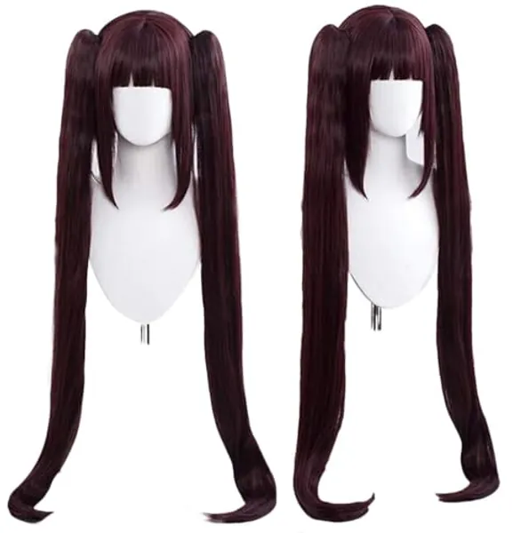 Anogol Wig Cap+Dark Brown Pigtails Wigs Brown Ponytail Wig Brown Two Pigtail Chocolate Wig with Bangs Long Straight Cosplay Wig Dark Brown Wigs for Movie Costume Wig for Halloween Party